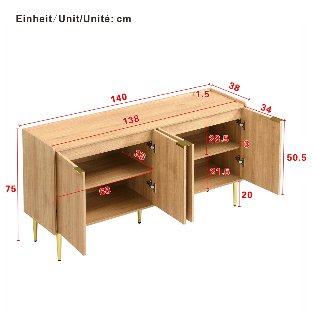 Madia a 4 ante con ripiani regolabili in MDF naturale e gambe in ferro dorato per soggiorno 140 × 38 × 75 cm