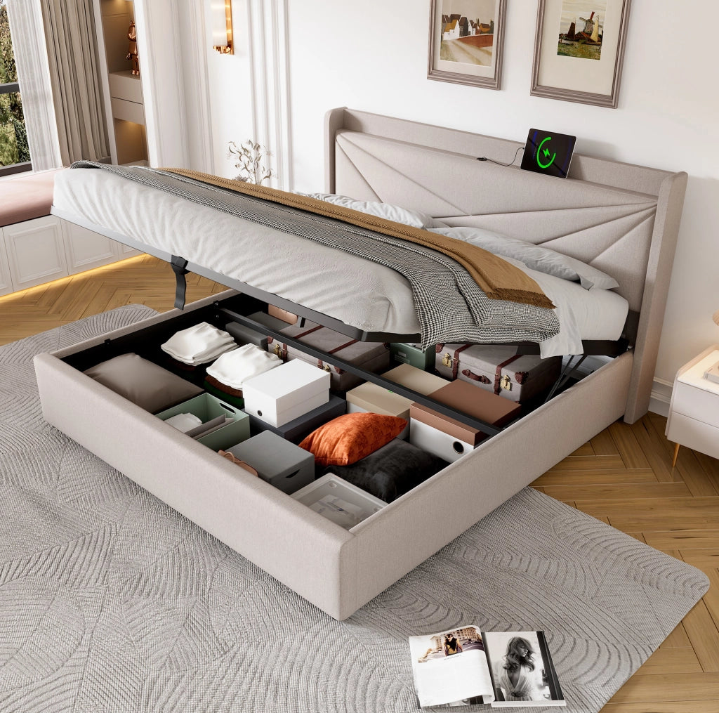 Letto matrimoniale 160x200 beige con contenitore, USB e Type-C