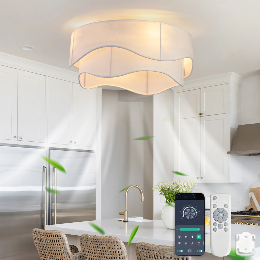 Ventilatore da soffitto con luce; controllo via app e telecomando; tessuto e plastica oro e bianco