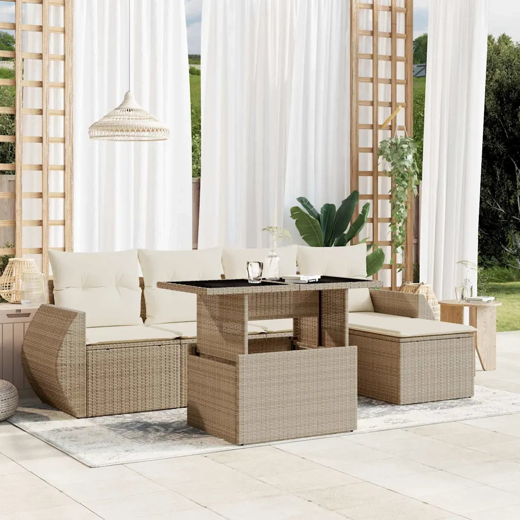 Set Divano da Giardino 6 pz con Cuscini Beige in Polyrattan