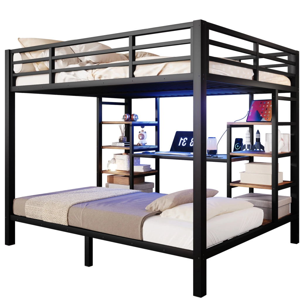 Letto a castello 90x200 e 140x200 cm con LED, USB e ripiani in metallo nero
