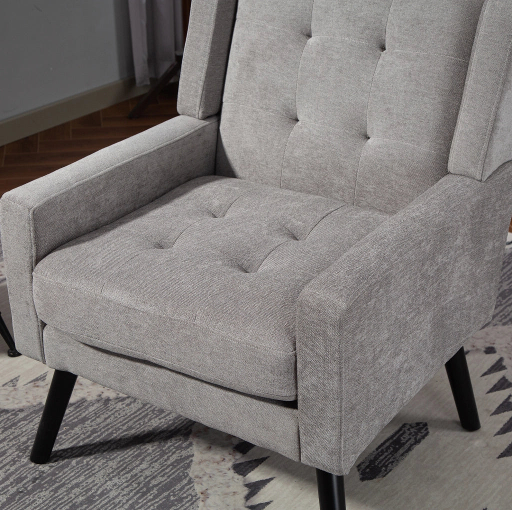 Sedia imbottita con rivestimento in lino nero, gambe in legno massiccio e cuscino in schiuma ad alta densità - design Mid-Century per spazi piccoli