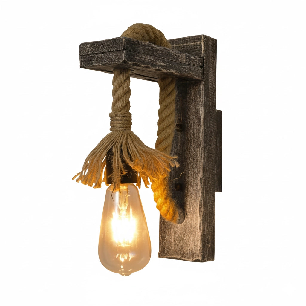 Applique da Parete in Legno e Corda di Canapa E27 – Stile Rustico Vintage Country per Interni – Lampada Decorativa da Muro per Soggiorno, Cucina, Bar e Ristoranti – 180x320 mm