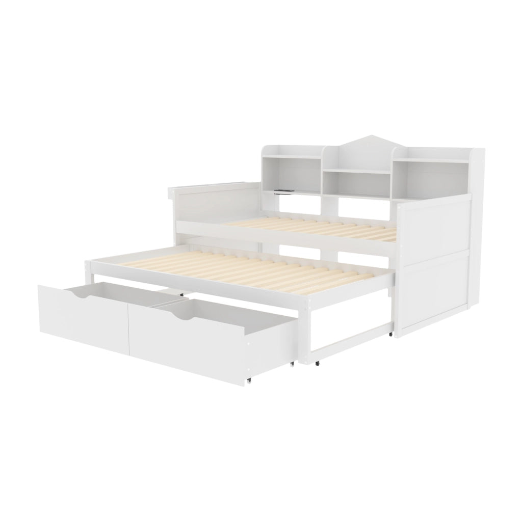 Divano letto singolo 90x200 cm bianco con letto estraibile, cassetti e USB