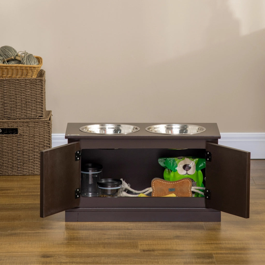Desviae Mobile rialzato per ciotole per cani con 2 ciotole estraibili in acciaio inox e vano contenitore color caffè 60 × 30 × 34 cm