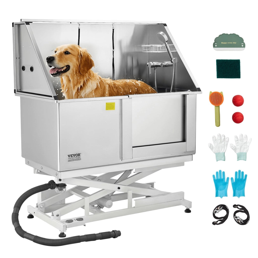 K1E01028 Vasca per toelettatura cani con sollevamento elettrico in acciaio inox argento 127 cm, stazione lavaggio regolabile con porta destra