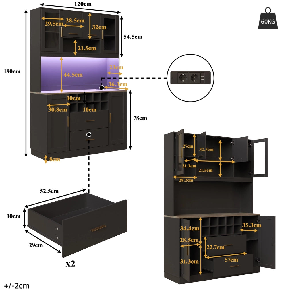 CREDENZA 120x36,3x180 cm nera in MDF e metallo con LED e prese
