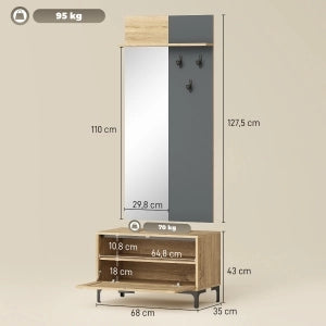 Mobile ingresso con specchio; 3 ganci; ripiano aperto e scarpiera - per ingresso - in MDF