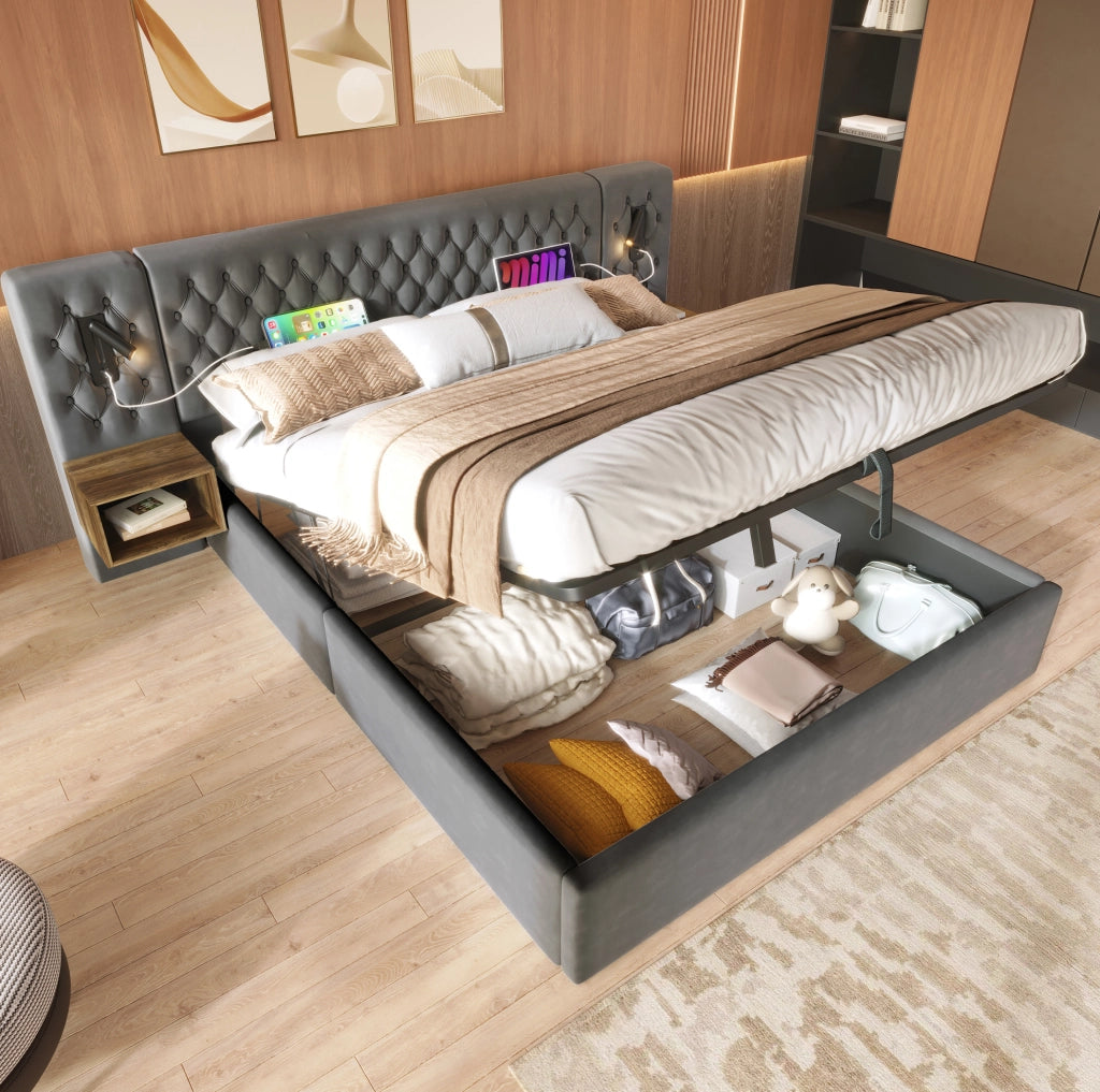 Letto contenitore idraulico 160 × 200 cm con 2 comodini; luci USB/Type-C; velluto grigio