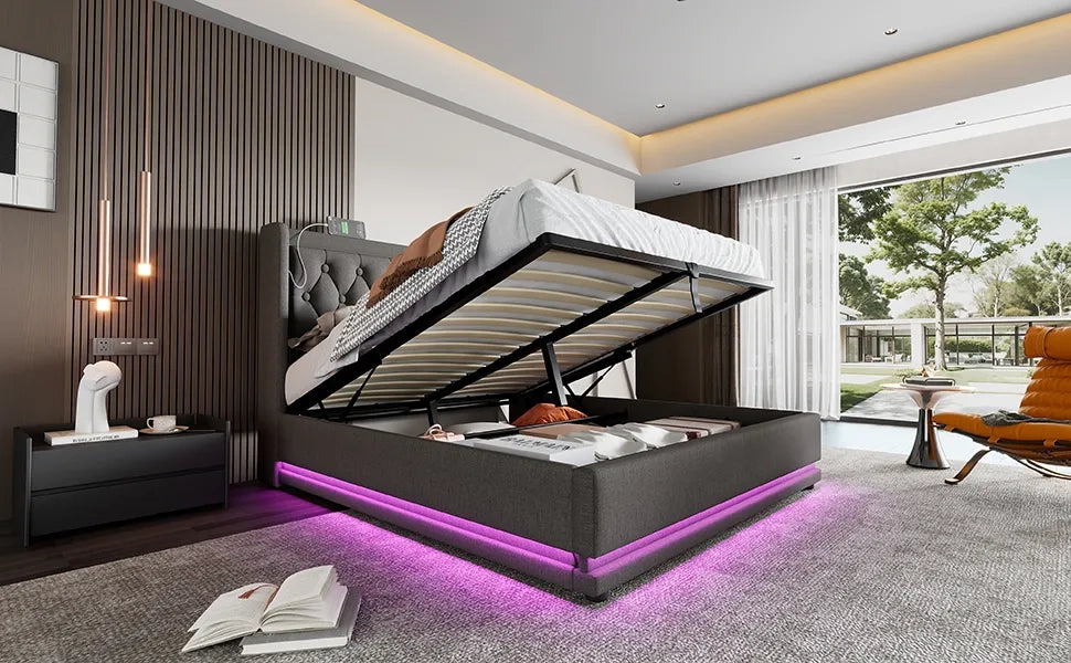 Letto matrimoniale imbottito 180x200 cm, grigio, cotone, con vano contenitore idraulico, testiera imbottita con ricarica USB-C e LED su 3 lati (senza materasso)