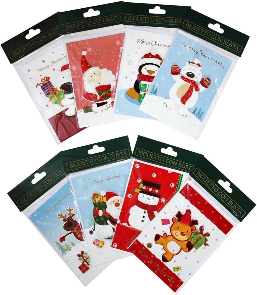 Set 8 Biglietti Augurali di Natale con Busta – Design Assortiti – Biglietti di Auguri Natalizi in Carta – Formato 14 x 24,5 cm
