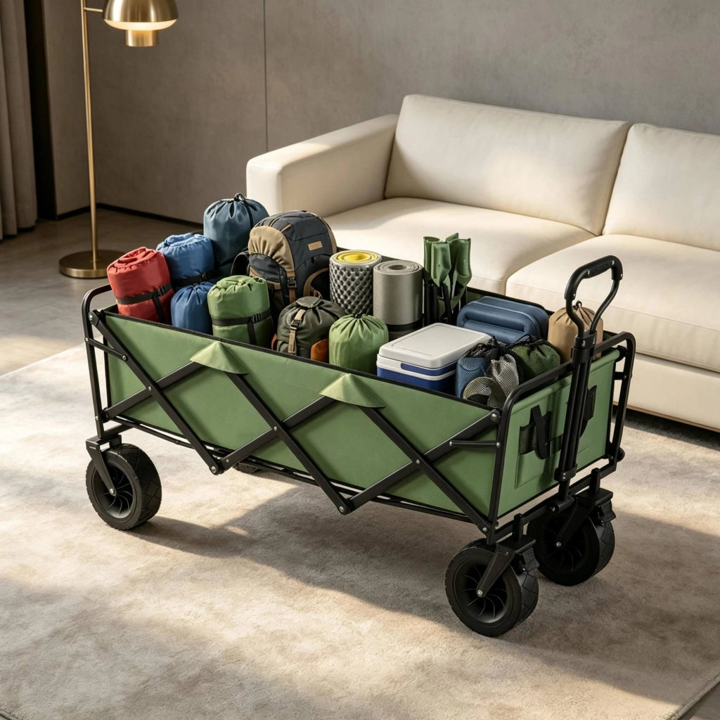 Carrello da giardino pieghevole 130L 133x56x100 cm in metallo verde, ruote frenate –