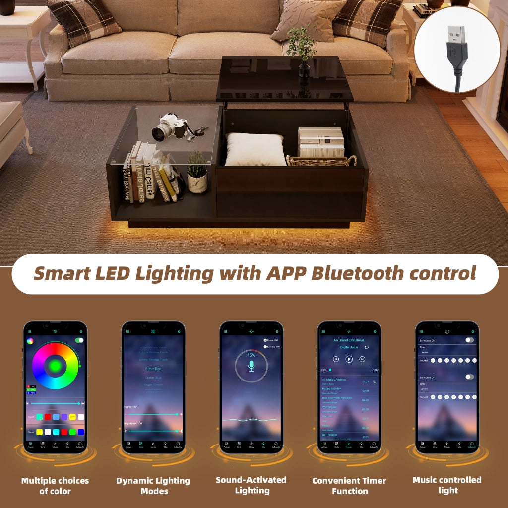 Tavolino da Caffè Alzabile con LED; Vano Nascosto e 2 Cassetti per Soggiorno in Truciolare Nero 100×50×33 cm