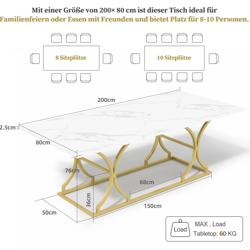 TAVOLO da pranzo 200x80x76 cm effetto marmo bianco e oro