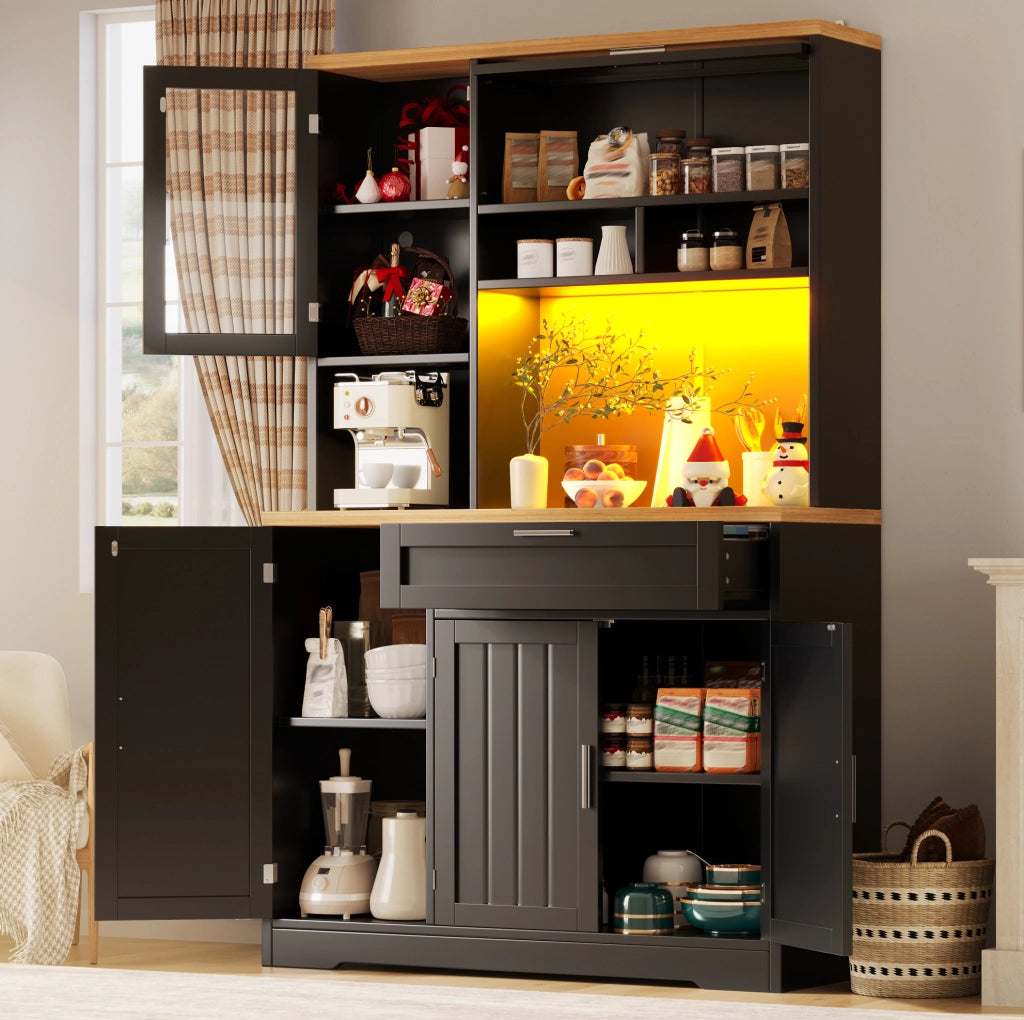 Armadio alto con LED USB e vetrine, 104x40x180 cm, nero