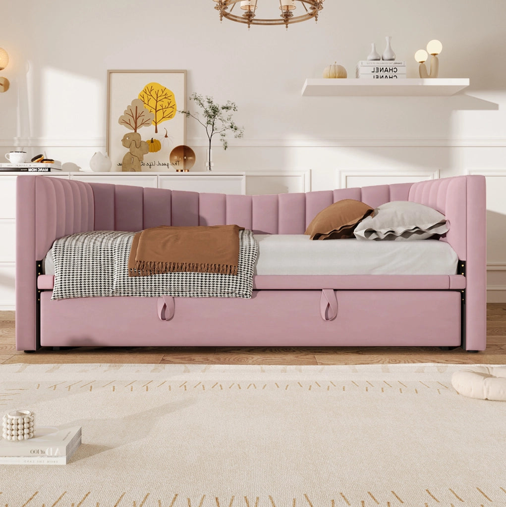 Letto daybed imbottito 90x200 cm con letto estraibile, in velluto rosa