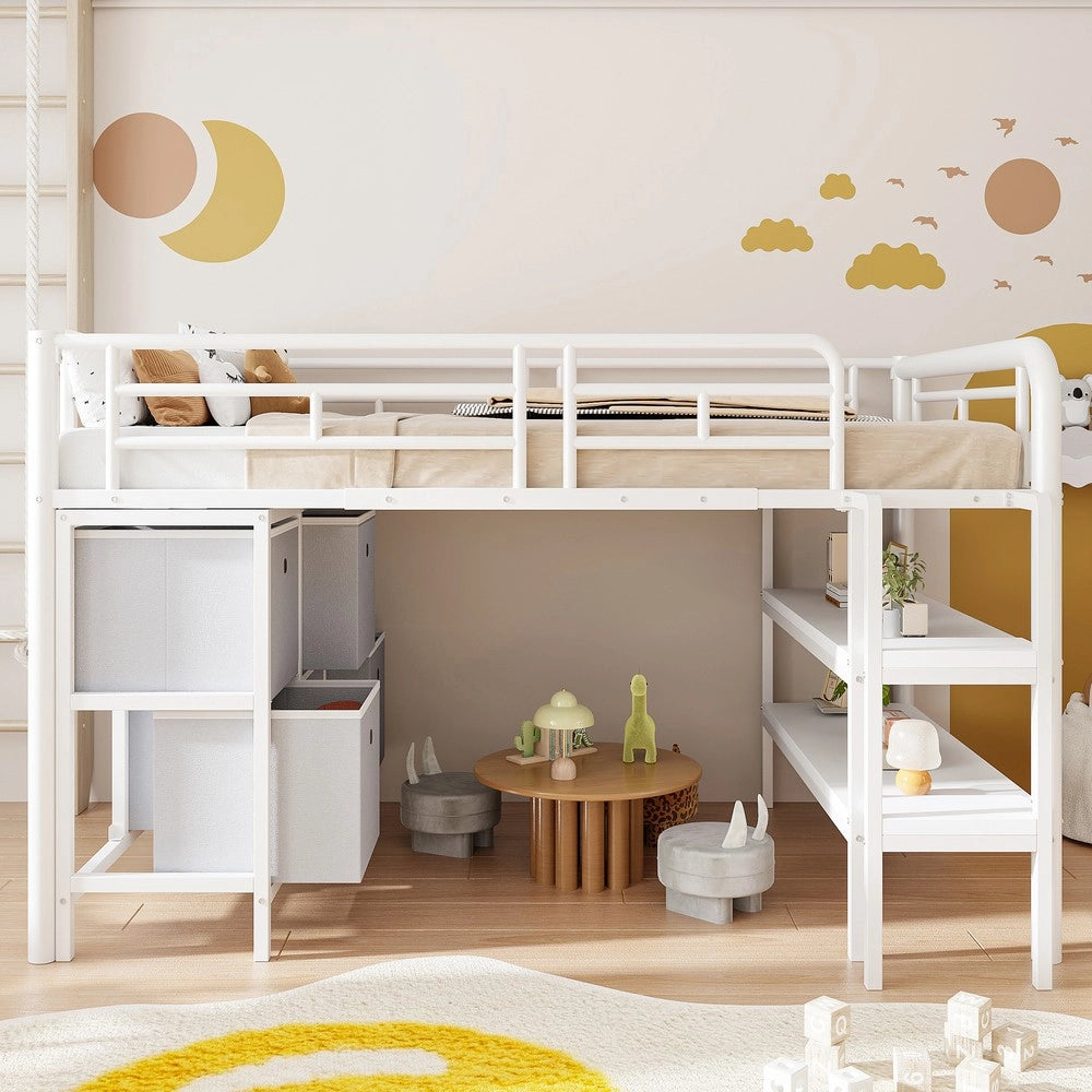 Letto a Soppalco per Bambini con Cassetti e Scaffali ¨C MINIMAL ¨C Metallo Bianco 90x200