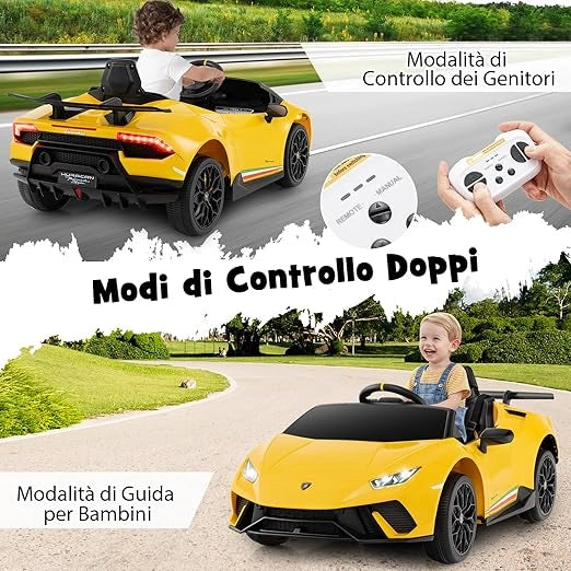 12V Lamborghini Auto Elettrica per Bambini, Macchina Elettrica Cavalcabile con Telecomando, Luci LED Musica e Funzione di Avvio Lento, 3-5 Km/h, per Bambini 3 Anni+ (Giallo)