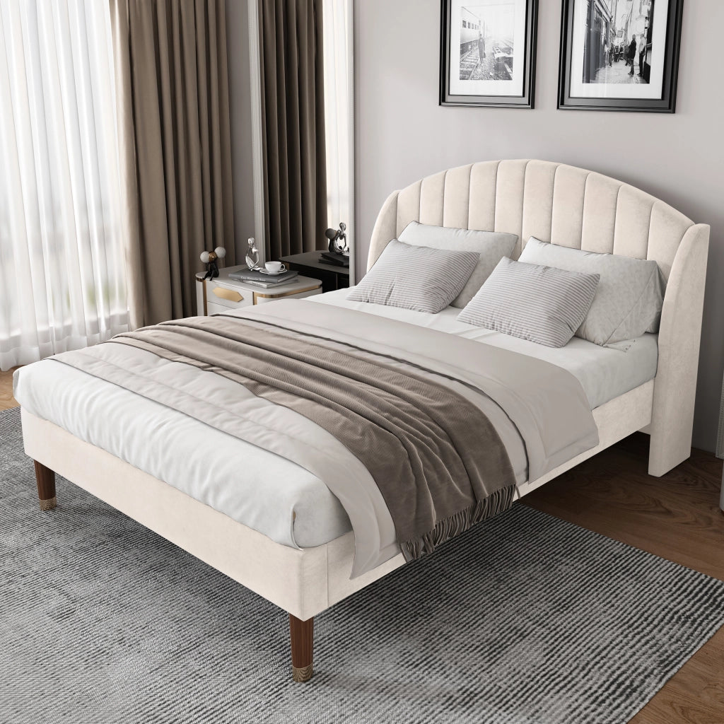 Letto imbottito 140x190 cm in velluto con rete a doghe e testiera, supporto a doghe in legno, montaggio facile - Beige, per ragazzi