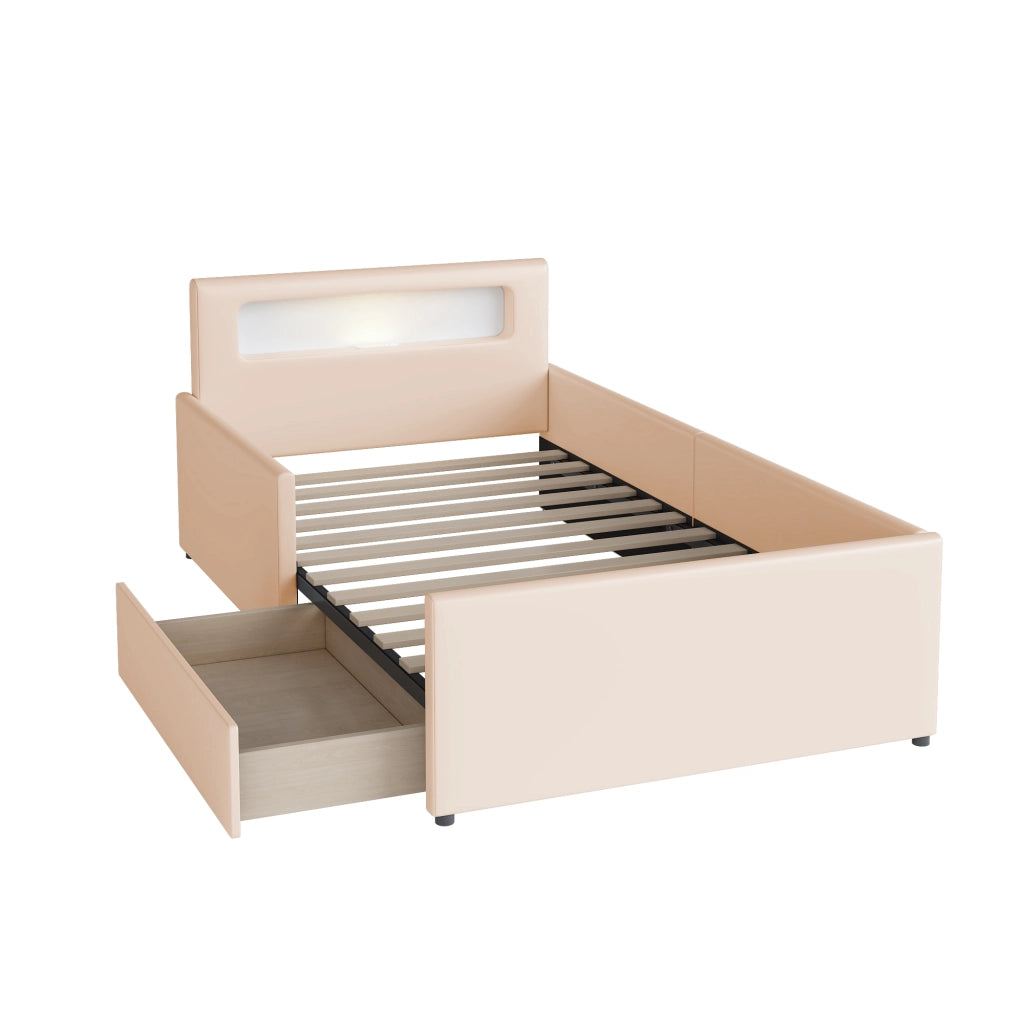 Letto Singolo Imbottito per Bambini con Luce LED e USB ¨C MINIMAL ¨C Similpelle Beige 90x200