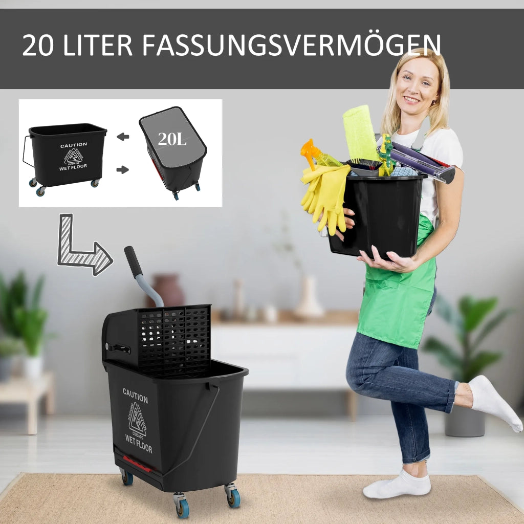 Carrello per le pulizie con secchio da 20 L, pressa e 2 scomparti, nero