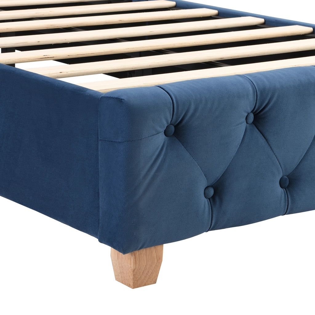 Letto imbottito in velluto blu 90x200 cm con rete a doghe e testiera capitonné