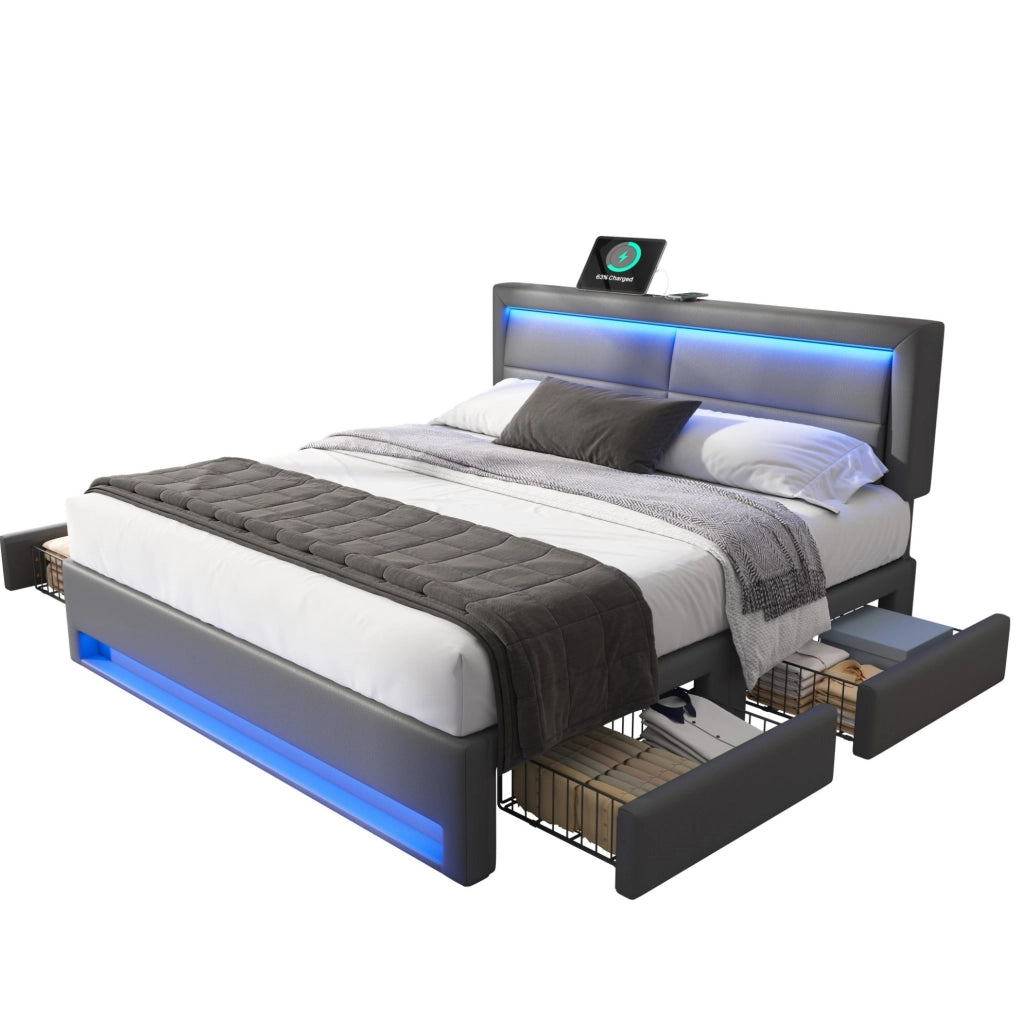 Letto imbottito 140 x 190 cm grigio con USB, LED e 4 cassetti