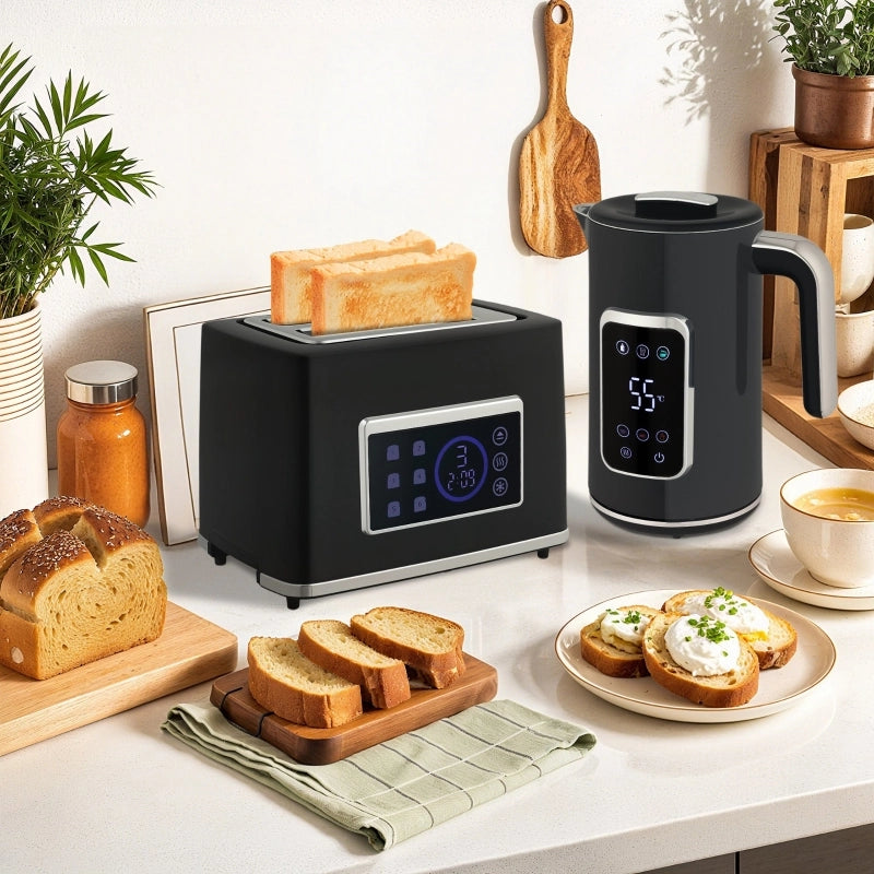 Set Bollitore e Tostapane, 1,7 L, 2 Fette, Touchscreen LED, Vari Modi, Nero