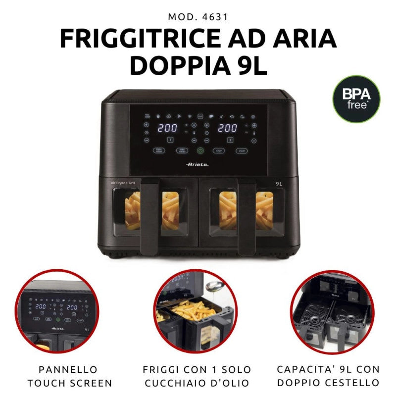 Friggitrice ad aria Doppia 9L 2400W - 11 programmi - Multifunzione - Nero