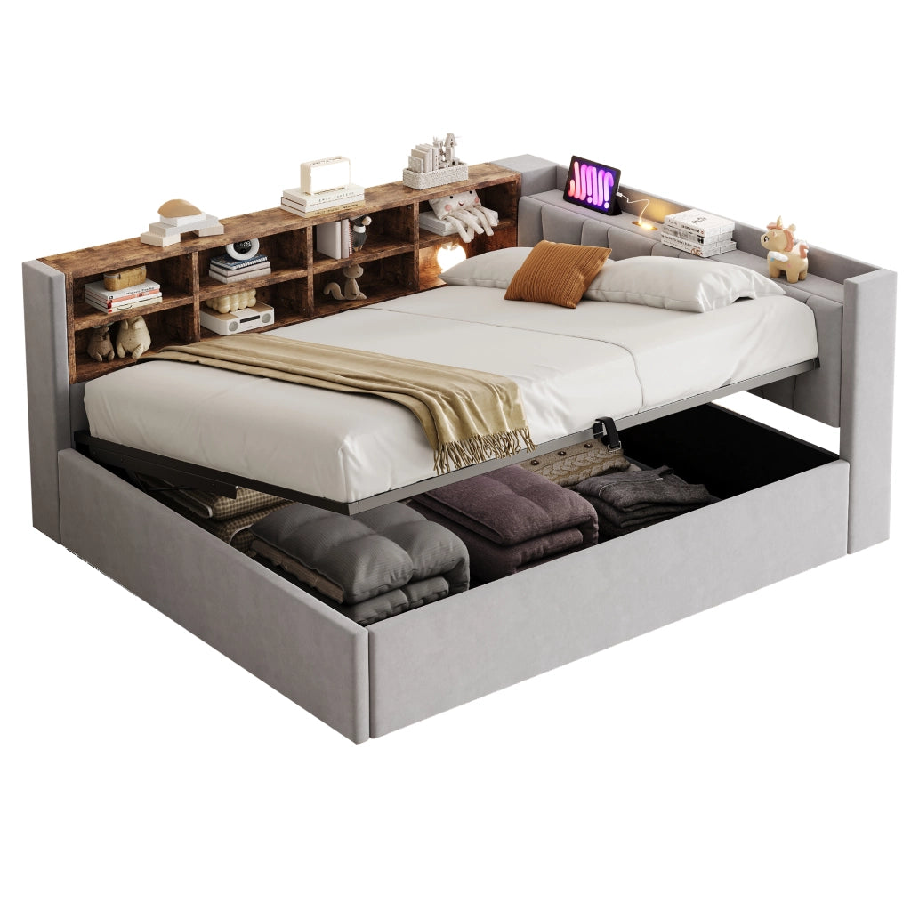 Letto matrimoniale imbottito 140 × 200 cm con contenitore idraulico velluto grigio chiaro USB e Type-C