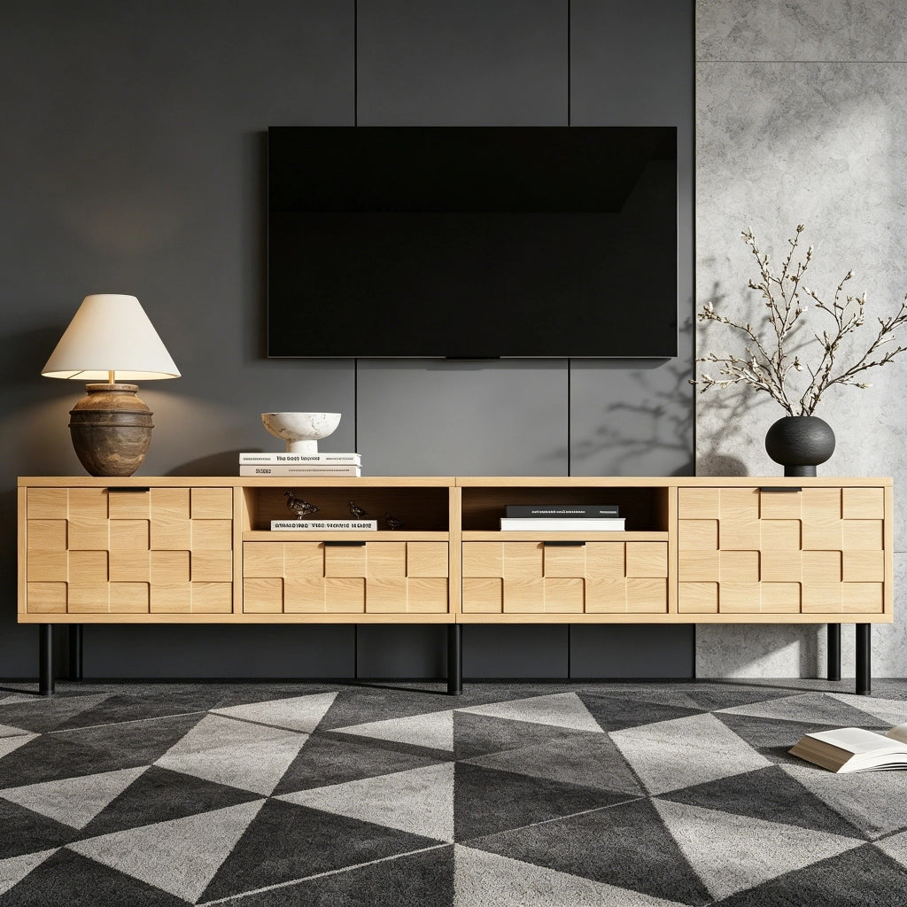 Mobile TV con 2 ante; 2 cassetti e 2 vani aperti per soggiorno in MDF e truciolare naturale 200×35×44.5 cm