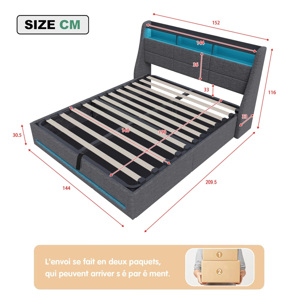 Letto contenitore 140x200 cm in lino grigio;con vano portaoggetti;luci LED/USB;rete a doghe e testiera;per ragazzi e adulti