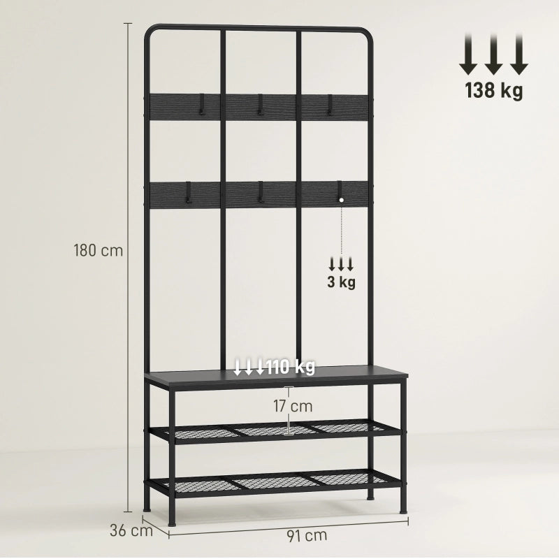 Appendiabiti da ingresso 3 in 1 con panca e scarpiera in metallo nero