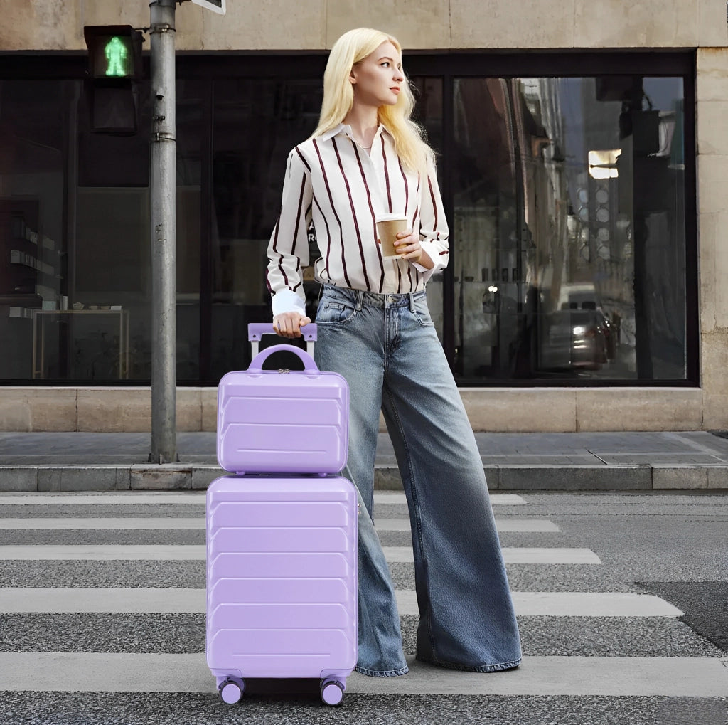 Set valigie rigide ABS blu e viola con trolley 14" e 19", con lucchetto a combinazione e beauty case 14"
