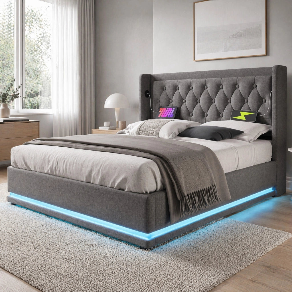 Letto matrimoniale imbottito 180 × 200 cm con contenitore idraulico; LED; USB e Type-C; cotone grigio