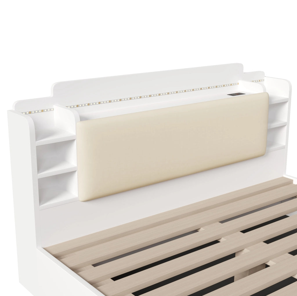 Letto contenitore 140x200 cm bianco con LED, USB e USB-C