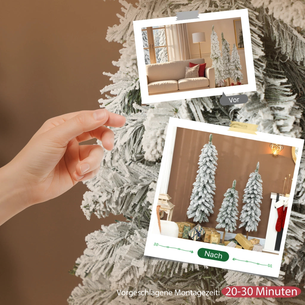 Set 3 Alberi di Natale Artificiali Innevati con Base in Metallo Ignifughi Plastica Bianco e Verde per Casa