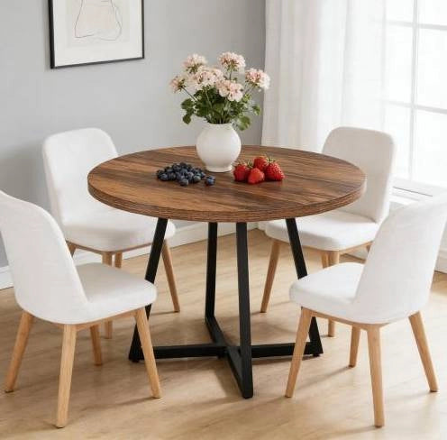 TAVOLO Rotondo 80 cm MDF e Metallo Nero Marrone Rustico