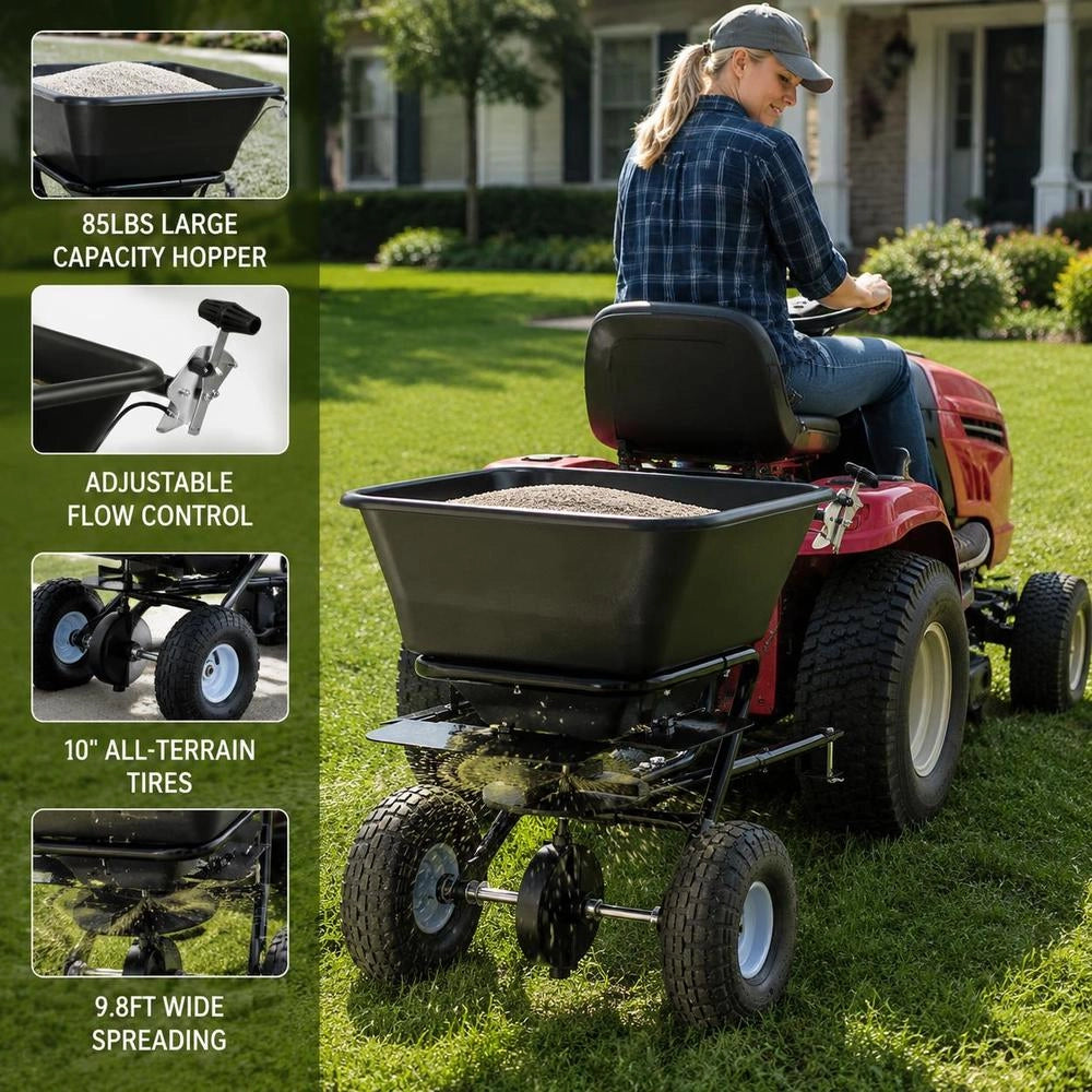 Tow-Behind Spreader, 9.8 Ft Spreading Width, Broadcast Spreader With 10" All-Terrain Tires, 85 Lbs Capacity Hopper, Adjustable Flow Control, Lawn Spreaders For Seed Fertilizer Ice Melt