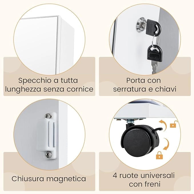 Armadio Portagioie con Ruote, Armadietto Portagioielli con Specchio a Luci 3 Colori, Specchio Portagioie con Ripiani Regolabili, Organizzatore Gioielli con Chiavi, 40 x 38 x 163 cm (Bianco)