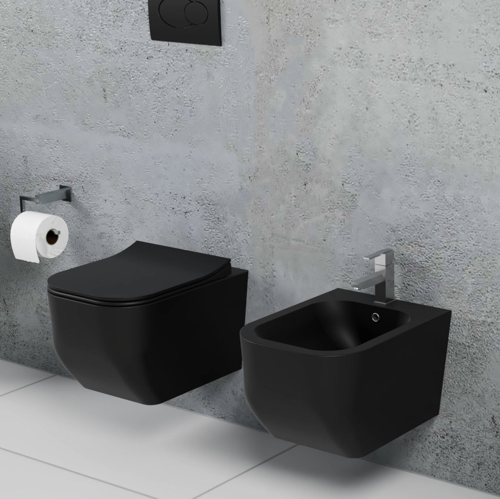 Coppia Sanitari Sospesi Rimless Senza Brida Serie New Edge Nero Opaco Coprivaso Soft-Close Incluso