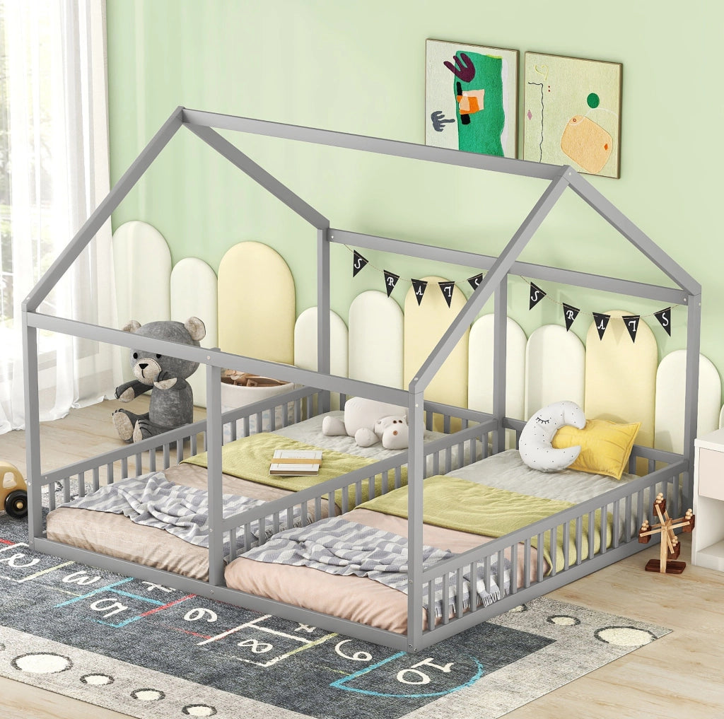 Letto 2 in 1 a casetta 90x200 cm grigio, con sponde di sicurezza