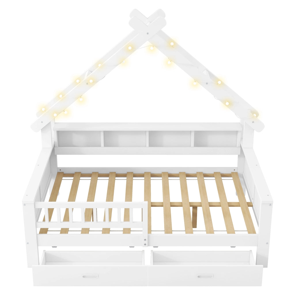 Letto a casetta 140 x 200 cm, 2 cassetti + mensole, LED, MDF e pino, bianco, per camera bambini