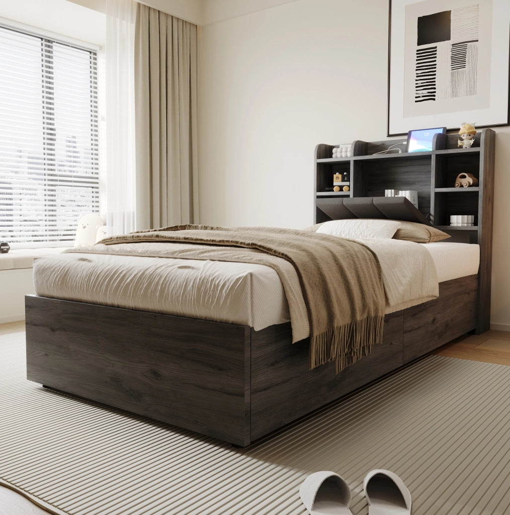 Letto singolo con contenitore idraulico 90x200 cm in MDF grigio; testiera con prese USB e Type-C