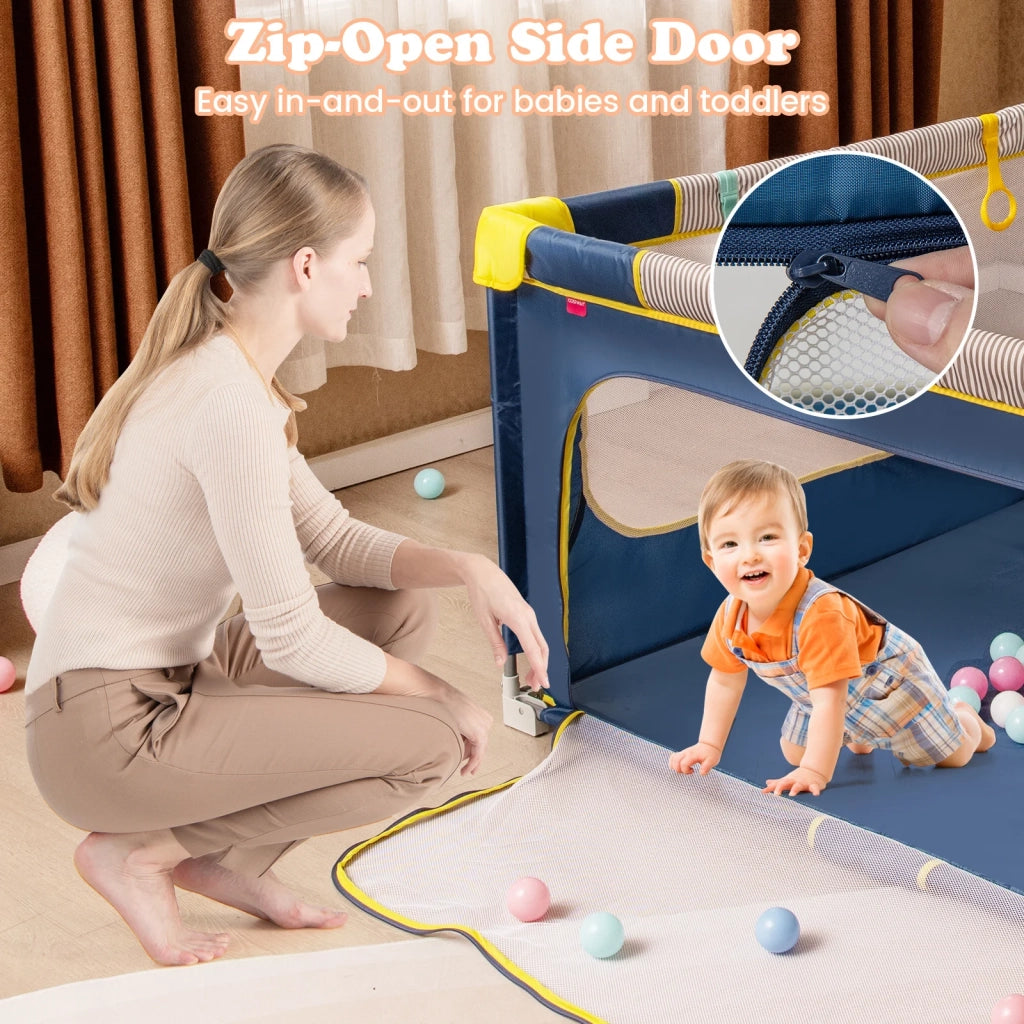 Box per bambini pieghevole 150 x 150 cm con porta a cerniera blu, recinto per bambini robusto e portatile per casa e viaggi