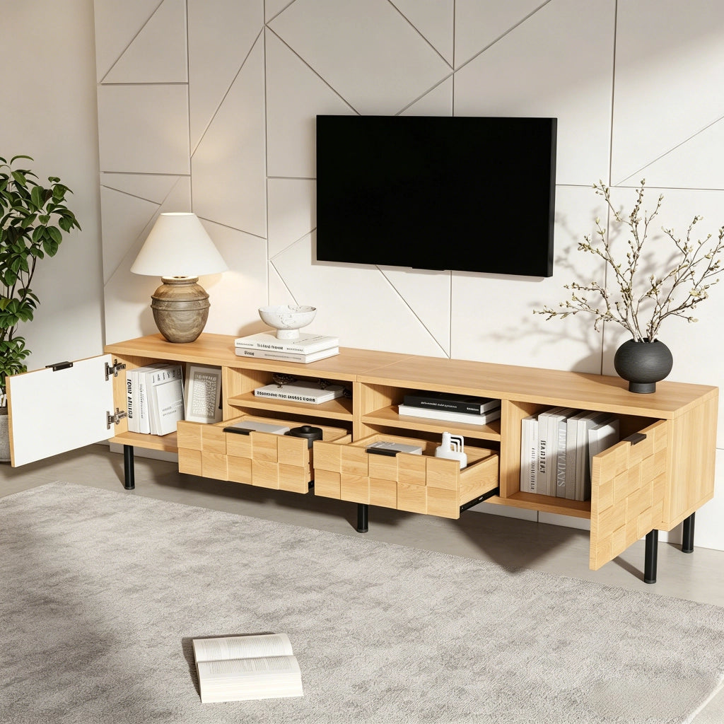 Mobile TV con 2 ante; 2 cassetti e 2 vani aperti per soggiorno in MDF e truciolare naturale 200×35×44.5 cm