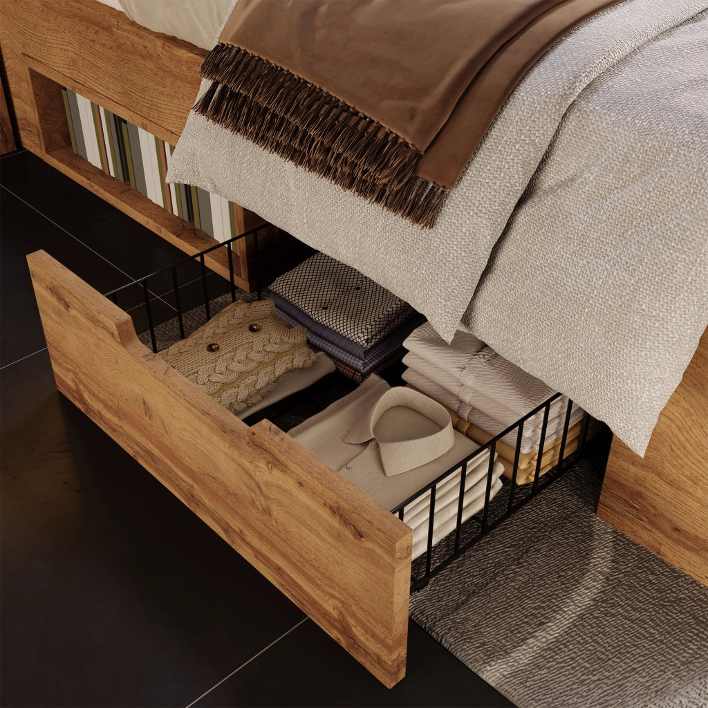 Letto matrimoniale 160×200 cm con LED; USB e Type-C; cassetti e ripiani; senza materasso; rovere