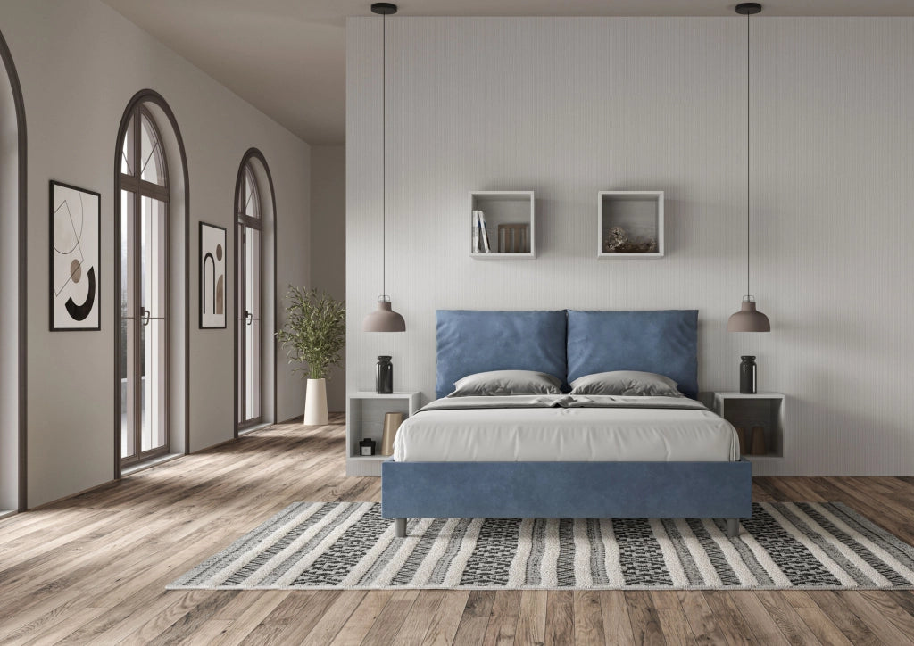 BS COM Letto queen size contenitore imbottito 150x210 microfibra blu