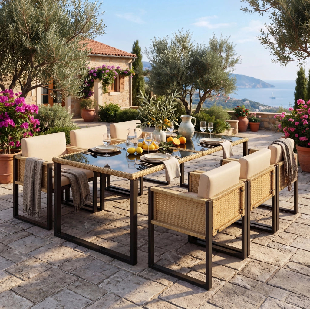 Set da pranzo da giardino 7 pezzi in rattan PE; tavolo 170 x 80 cm; nero e marrone