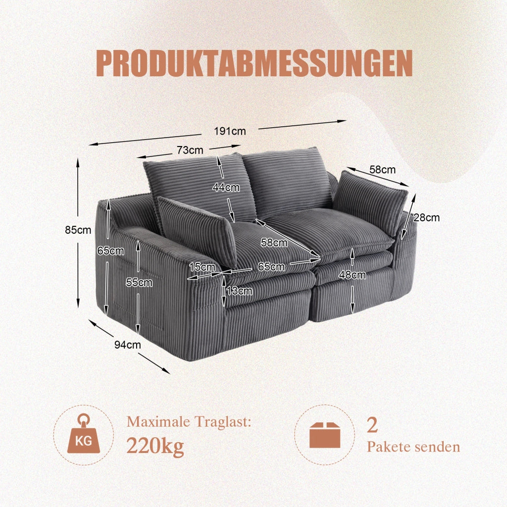Divano 2 posti in velluto a coste grigio scuro con cuscini tasche laterali e molle integrate 191 × 94 × 85 cm